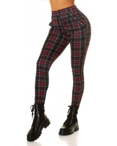 Pantaloni dama, Pantaloni dama casual burgundy in carouri cu talia inalta Kariert - jojofashion.ro