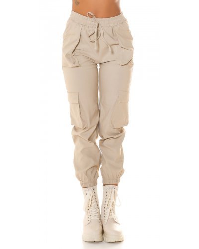 Pantaloni dama, Pantaloni dama casual, cargo, bej, cu talia inalta, Mynevo - jojofashion.ro