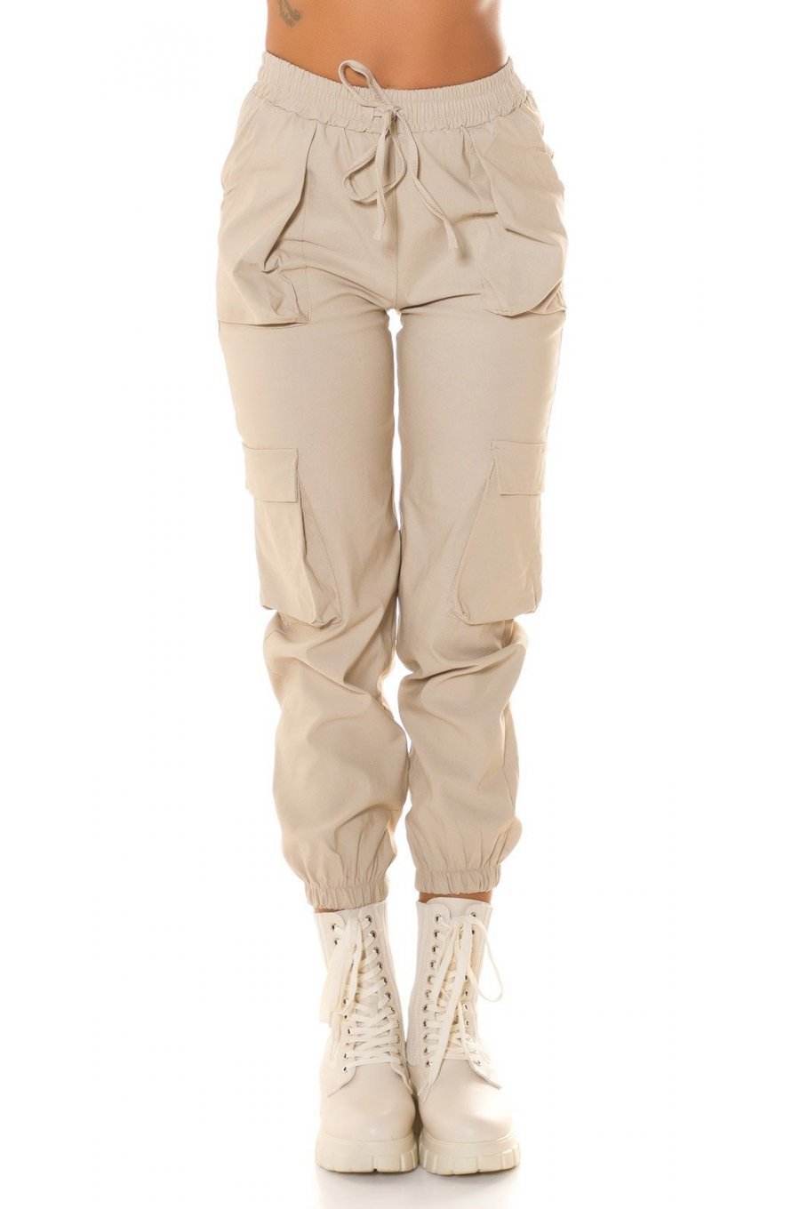 Pantaloni dama casual, cargo, bej, cu talia inalta, Mynevo Pantaloni dama casual, cargo, bej, cu talia inalta, Mynevo 1 - jojofashion.ro