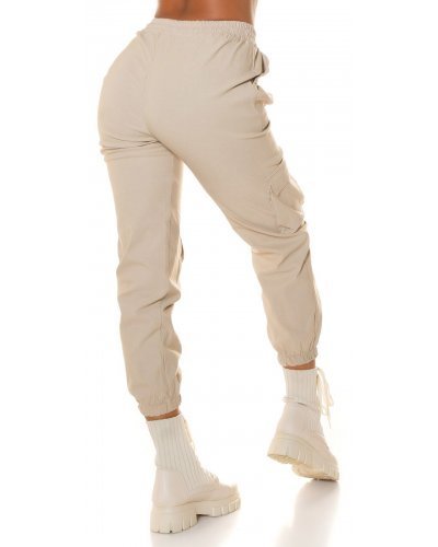 Pantaloni dama, Pantaloni dama casual, cargo, bej, cu talia inalta, Mynevo - jojofashion.ro