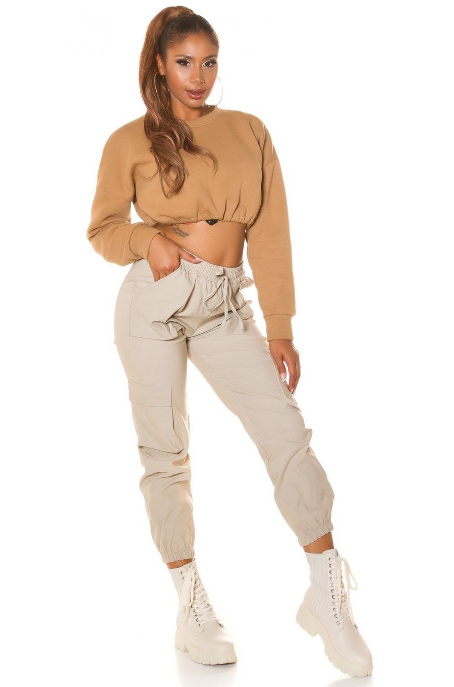 Pantaloni dama casual, cargo, bej, cu talia inalta, Mynevo Pantaloni dama casual, cargo, bej, cu talia inalta, Mynevo 3 - jojofashion.ro