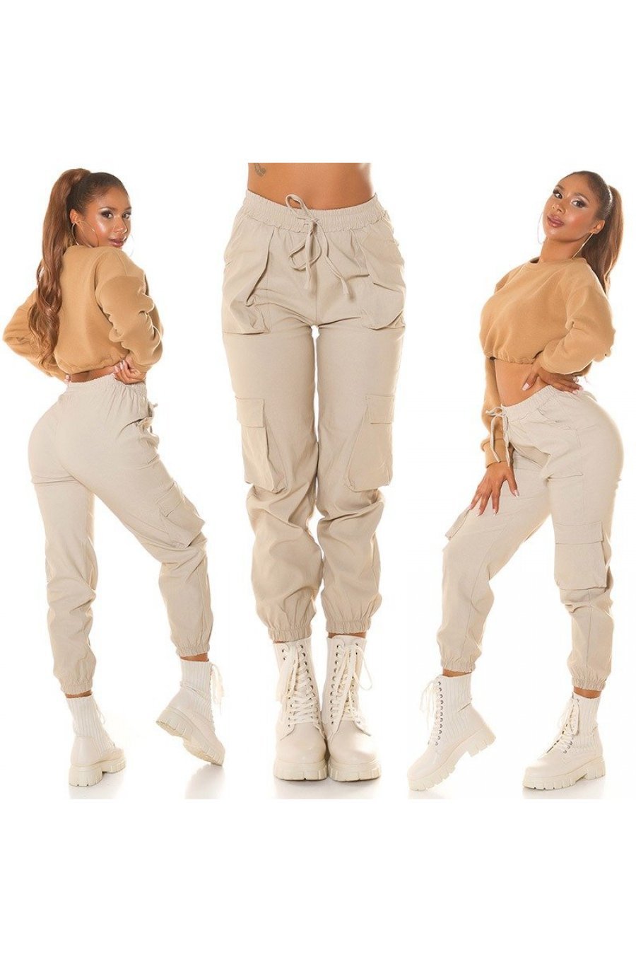 Pantaloni dama casual, cargo, bej, cu talia inalta, Mynevo Pantaloni dama casual, cargo, bej, cu talia inalta, Mynevo 6 - jojofashion.ro