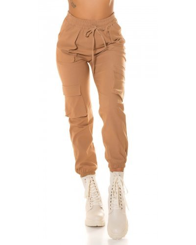 Pantaloni dama, Pantaloni dama casual, cargo, cappuccino, cu talia inalta, Mynevo - jojofashion.ro
