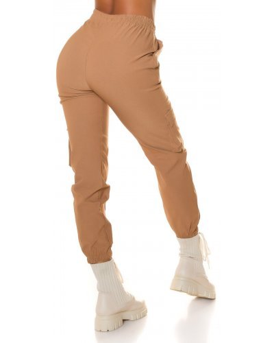 Pantaloni dama, Pantaloni dama casual, cargo, cappuccino, cu talia inalta, Mynevo - jojofashion.ro