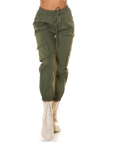 Pantaloni dama, Pantaloni dama casual, cargo, kaki, cu talia inalta, Mynevo - jojofashion.ro