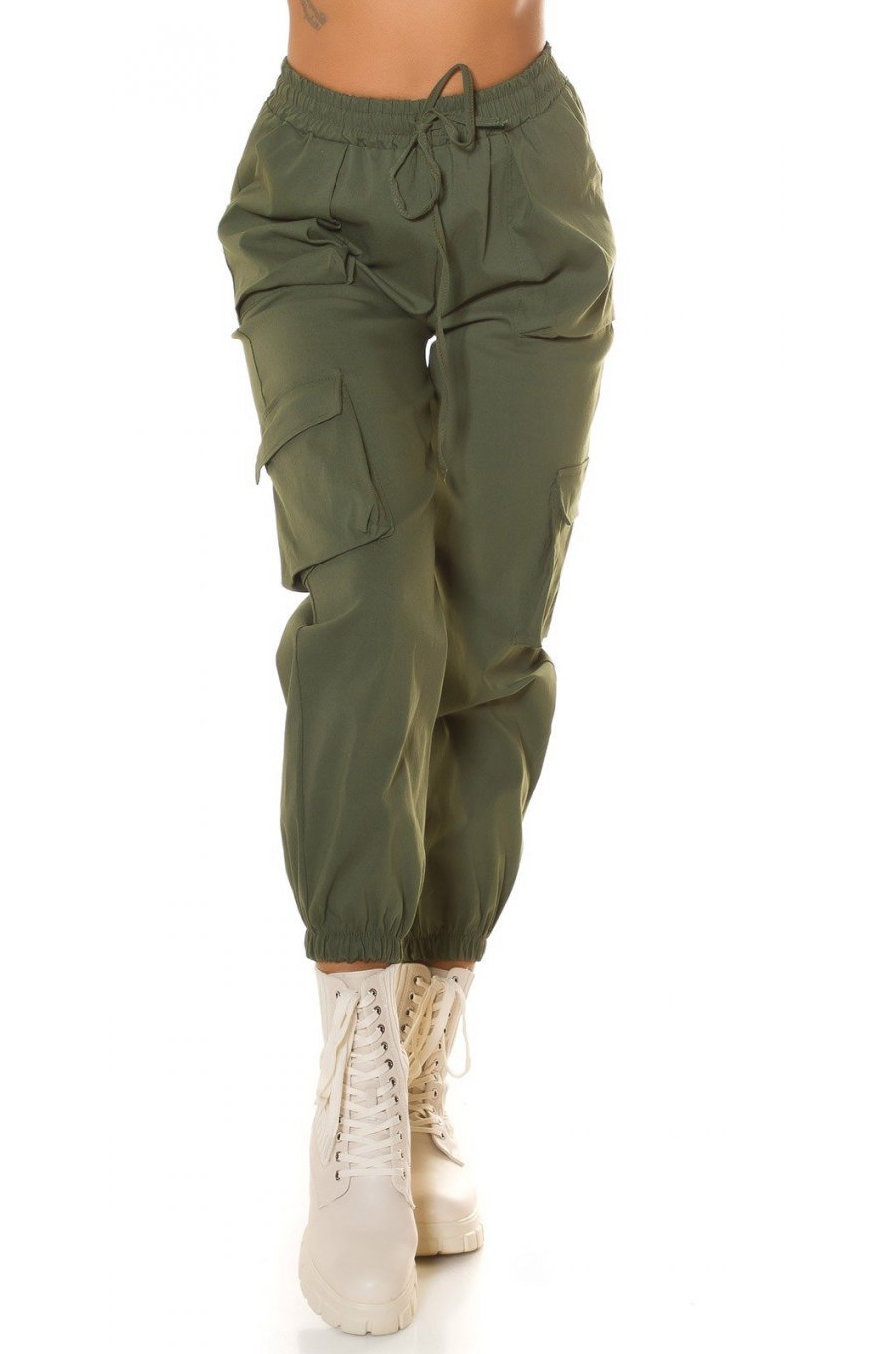 Pantaloni dama casual, cargo, kaki, cu talia inalta, Mynevo 1 - jojofashion.ro