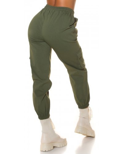 Pantaloni dama, Pantaloni dama casual, cargo, kaki, cu talia inalta, Mynevo - jojofashion.ro