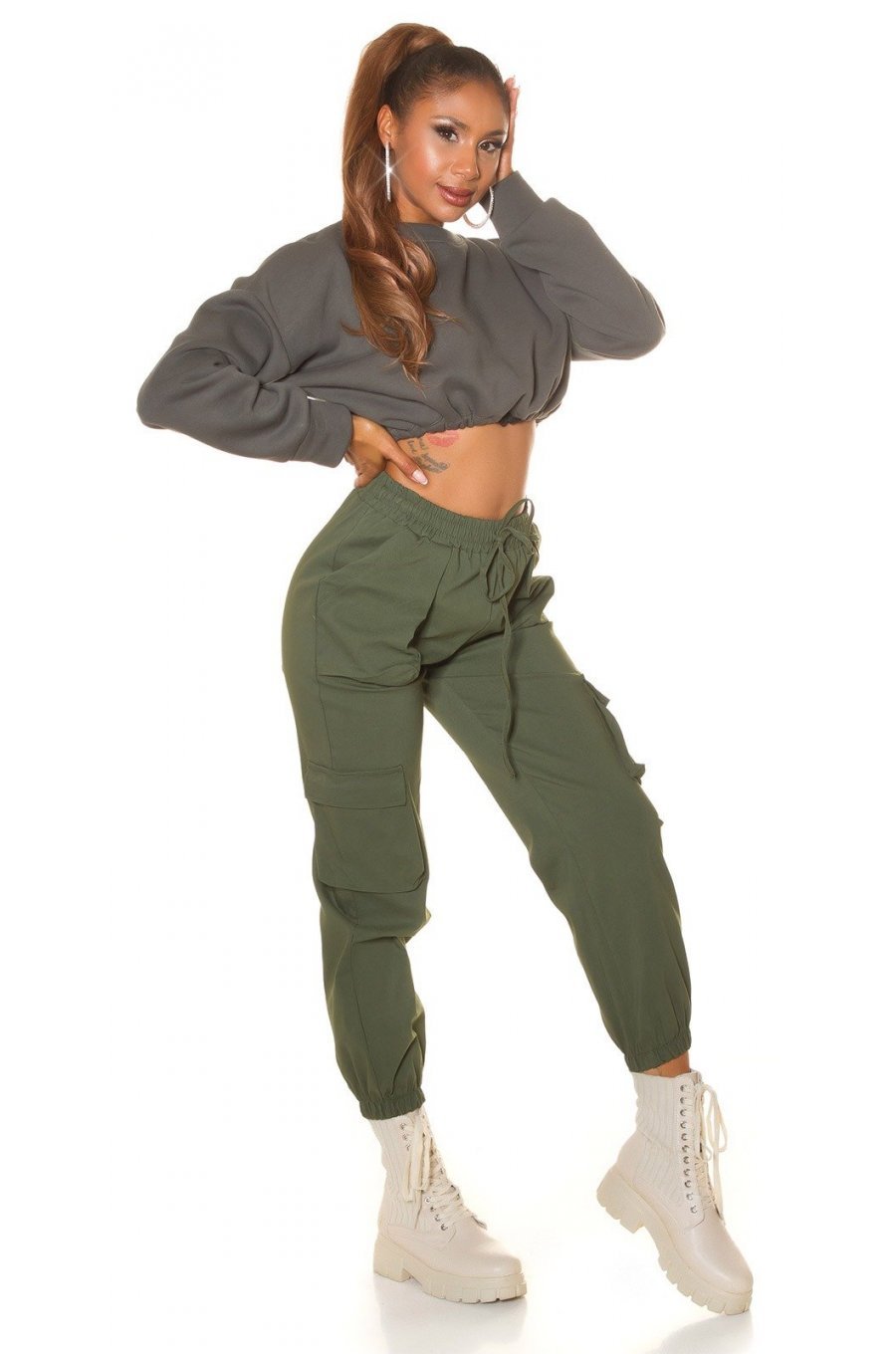 Pantaloni dama casual, cargo, kaki, cu talia inalta, Mynevo 3 - jojofashion.ro