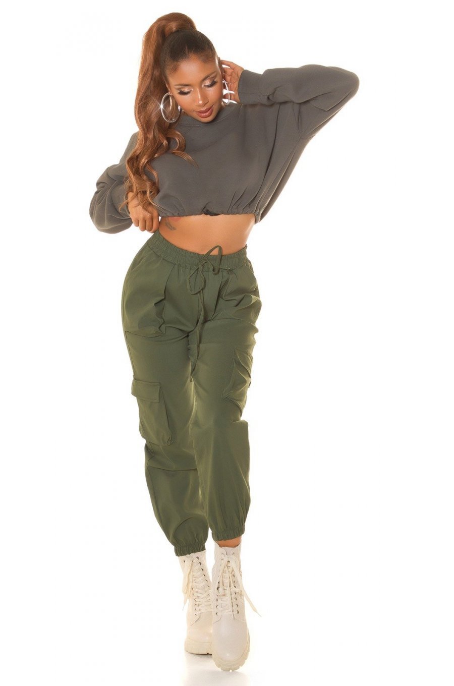 Pantaloni dama casual, cargo, kaki, cu talia inalta, Mynevo 4 - jojofashion.ro