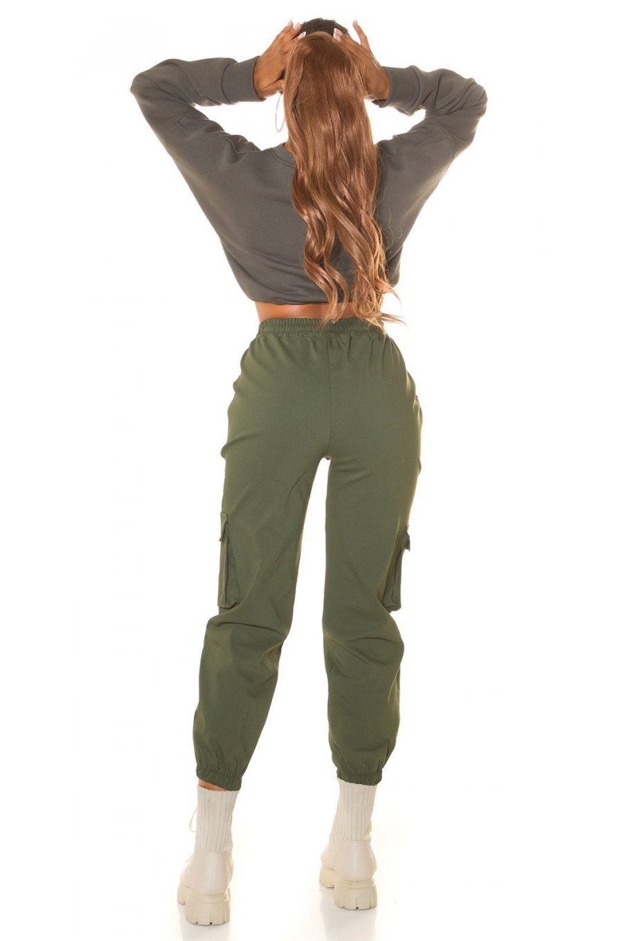 Pantaloni dama casual, cargo, kaki, cu talia inalta, Mynevo 5 - jojofashion.ro