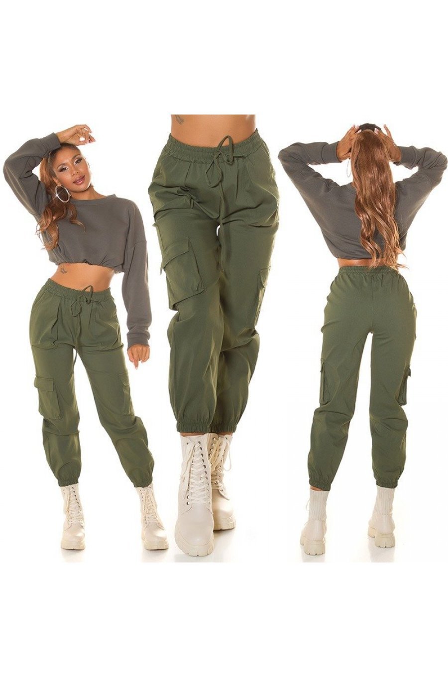 Pantaloni dama casual, cargo, kaki, cu talia inalta, Mynevo 6 - jojofashion.ro