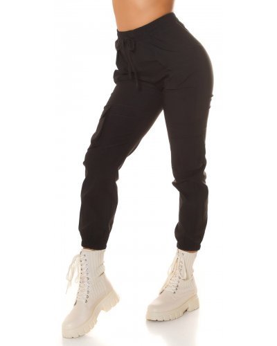 Pantaloni dama, Pantaloni dama casual, cargo, negri, cu talia inalta, Mynevo - jojofashion.ro