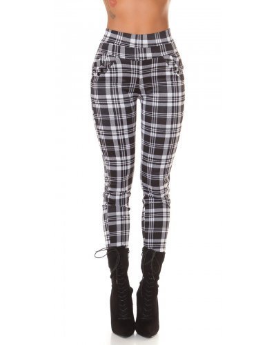 Pantaloni dama, Pantaloni dama casual albi in carouri, cu talia inalta Tiktinis - jojofashion.ro