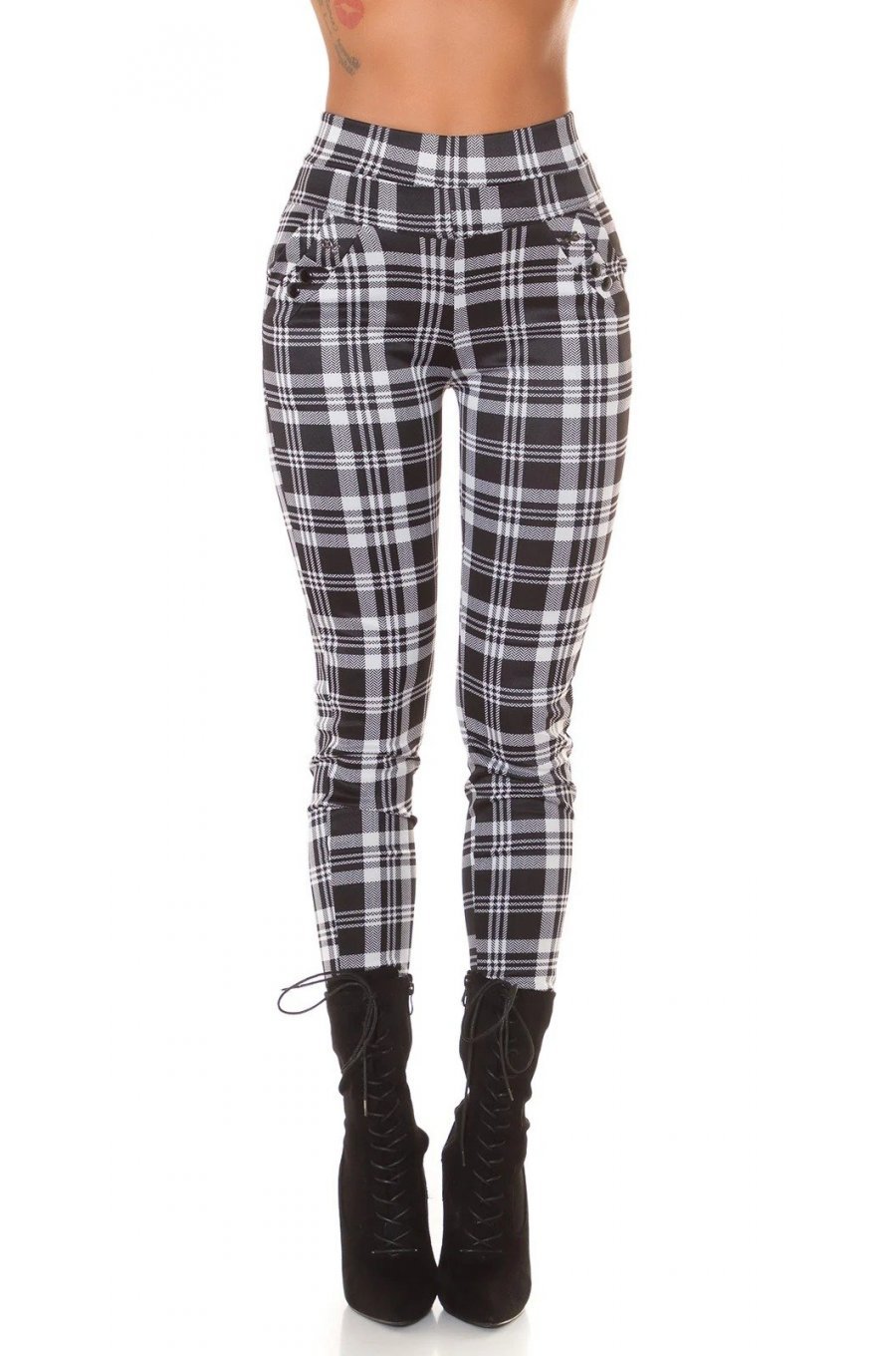 Pantaloni dama casual albi in carouri, cu talia inalta Tiktinis 1 - jojofashion.ro