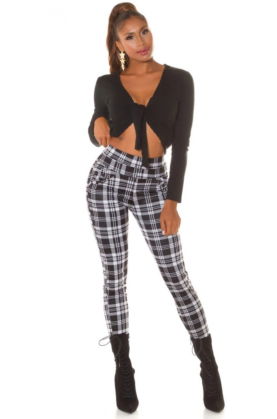 Pantaloni dama casual albi in carouri, cu talia inalta Tiktinis 3 - jojofashion.ro