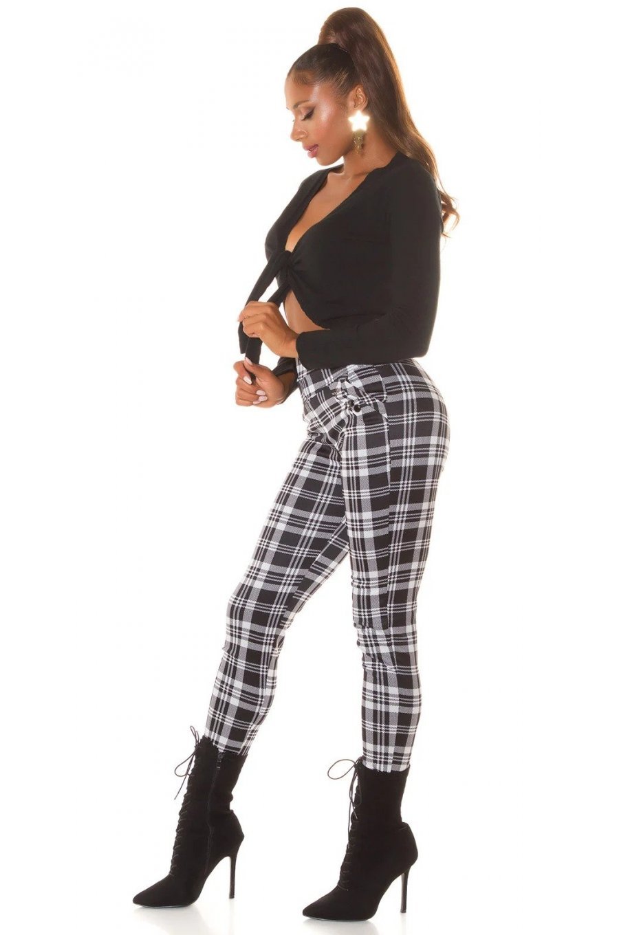 Pantaloni dama casual albi in carouri, cu talia inalta Tiktinis 4 - jojofashion.ro