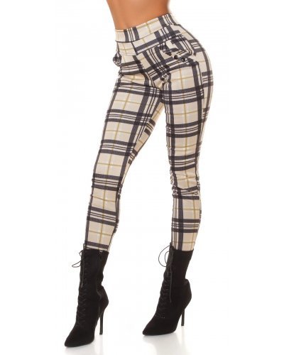 Pantaloni dama, Pantaloni dama casual bej in carouri, cu talia inalta Tiktinis - jojofashion.ro