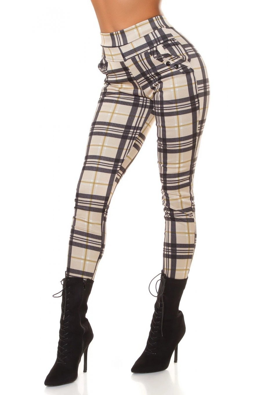 Pantaloni dama casual bej in carouri, cu talia inalta Tiktinis 1 - jojofashion.ro