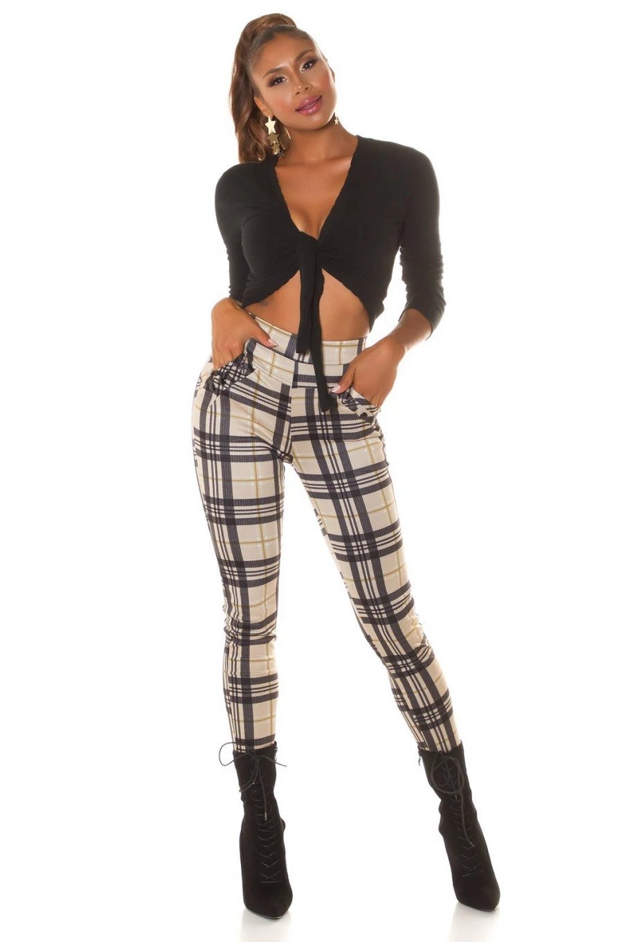 Pantaloni dama casual bej in carouri, cu talia inalta Tiktinis 3 - jojofashion.ro