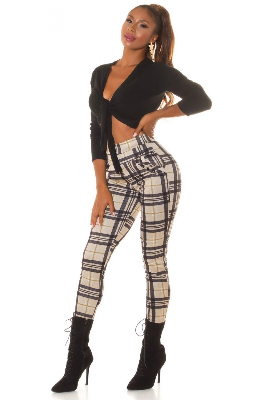 Pantaloni dama casual bej in carouri, cu talia inalta Tiktinis 5 - jojofashion.ro