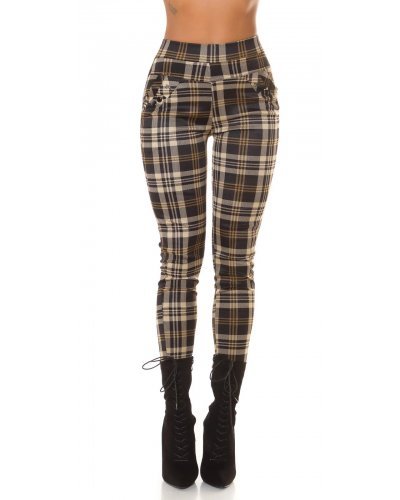 Pantaloni dama, Pantaloni dama casual cappuccino in carouri, cu talia inalta Tiktinis - jojofashion.ro