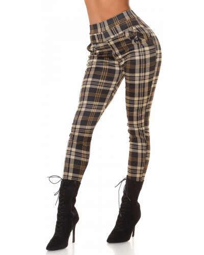 Pantaloni dama, Pantaloni dama casual cappuccino in carouri, cu talia inalta Tiktinis - jojofashion.ro