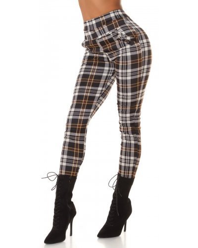 Pantaloni dama, Pantaloni dama casual maro in carouri, cu talia inalta Tiktinis - jojofashion.ro