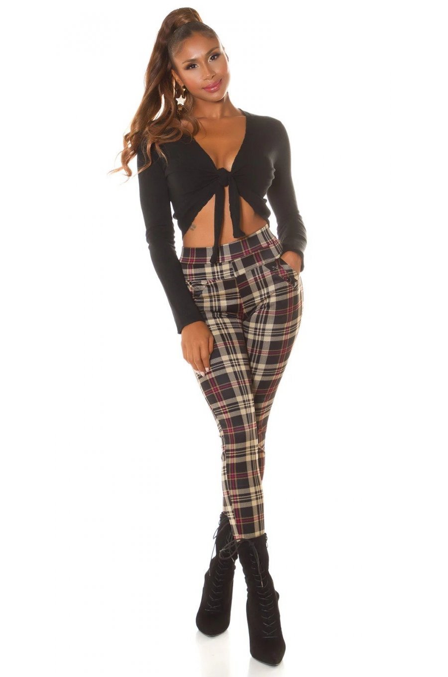 Pantaloni dama casual roz in carouri, cu talia inalta Tiktinis Pantaloni dama casual roz in carouri, cu talia inalta Tiktinis 3 - jojofashion.ro