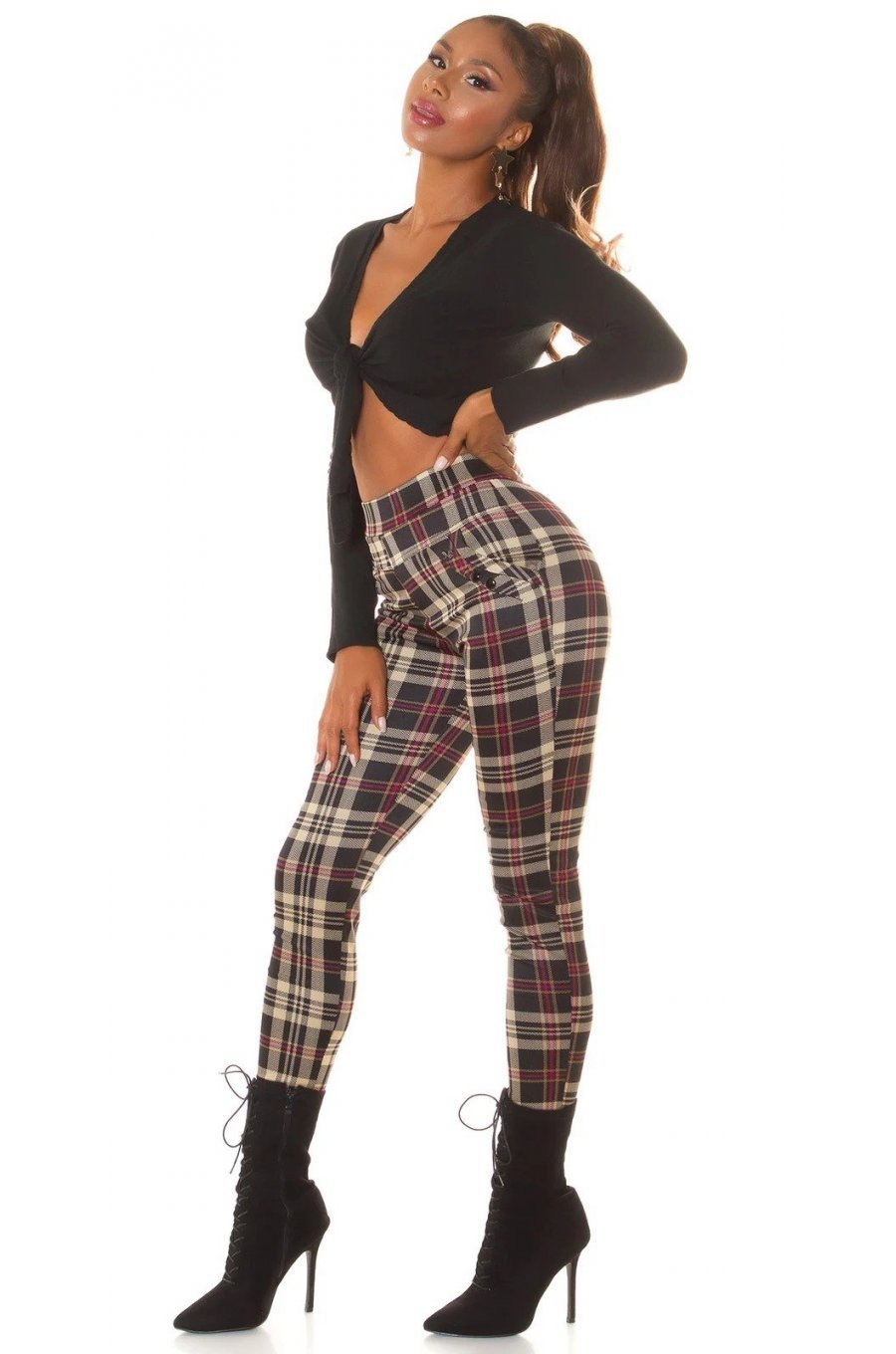 Pantaloni dama casual roz in carouri, cu talia inalta Tiktinis Pantaloni dama casual roz in carouri, cu talia inalta Tiktinis 5 - jojofashion.ro