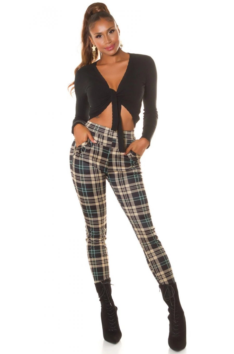 Pantaloni dama casual verzi in carouri, cu talia inalta Tiktinis Pantaloni dama casual verzi in carouri, cu talia inalta Tiktinis 3 - jojofashion.ro