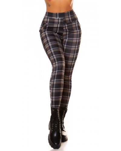 Pantaloni dama, Pantaloni dama casual maro in carouri cu talia inalta Kariert - jojofashion.ro