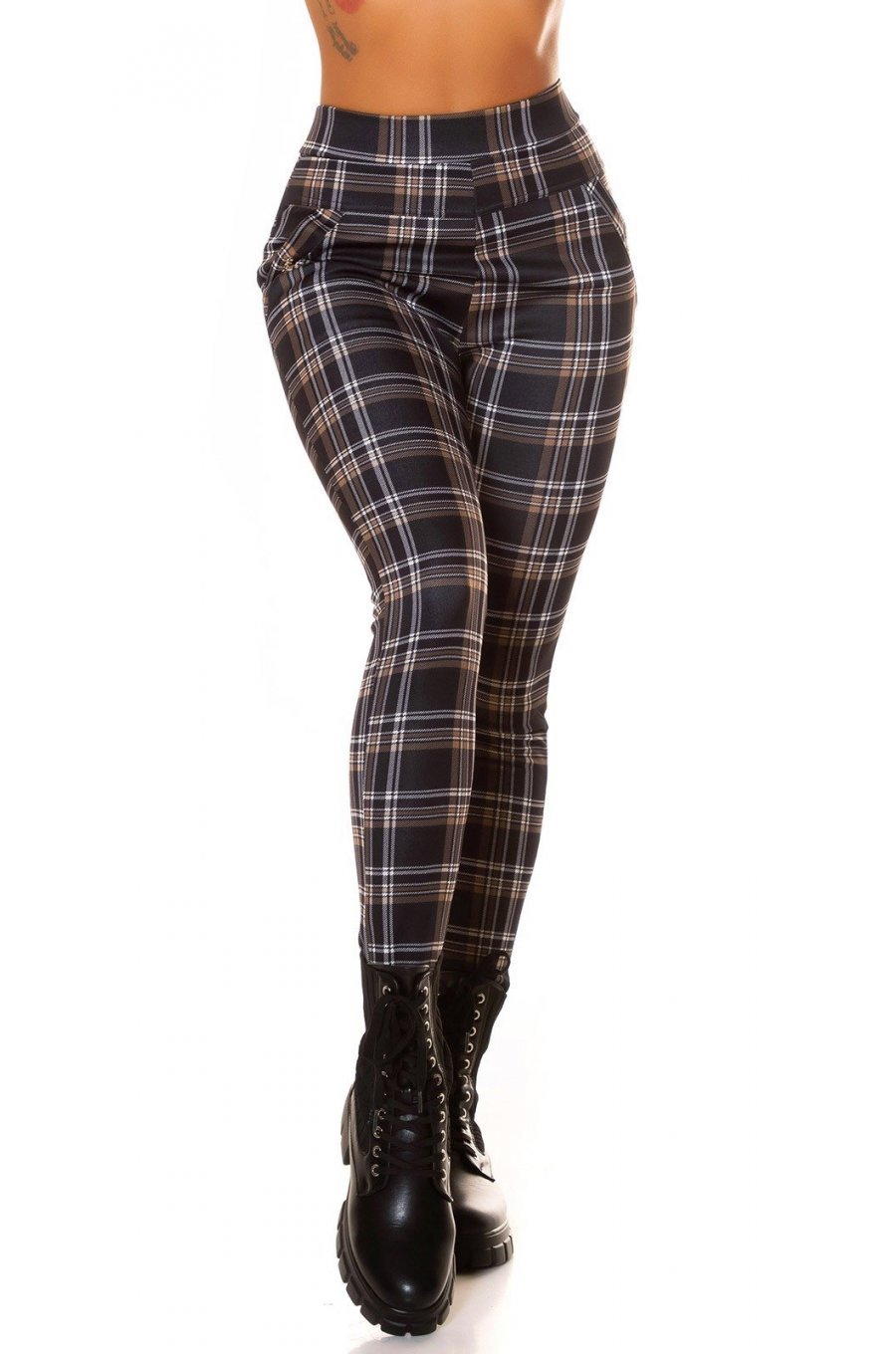Pantaloni dama casual maro in carouri cu talia inalta Kariert 1 - jojofashion.ro