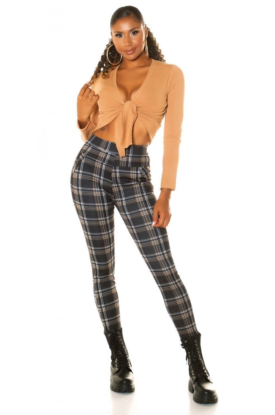 Pantaloni dama casual maro in carouri cu talia inalta Kariert 5 - jojofashion.ro