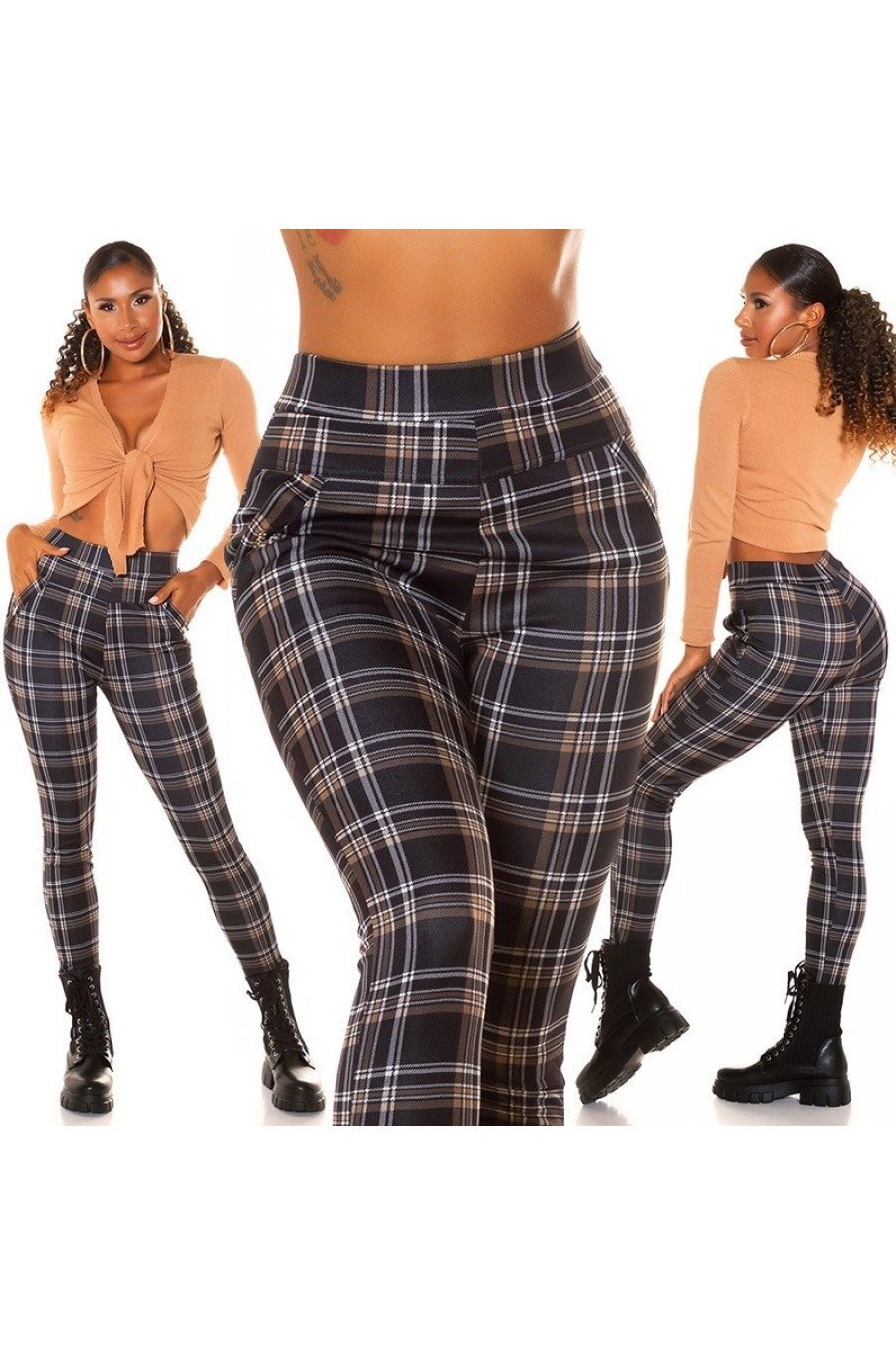 Pantaloni dama casual maro in carouri cu talia inalta Kariert 6 - jojofashion.ro