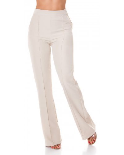 Pantaloni eleganti bej evazati cu talia inalta office Clara - jojofashion.ro