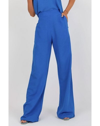 Pantaloni dama, Pantaloni dama eleganti evazati, albastri, din bumbac si vascoza, cu talia inalta, Jezel - jojofashion.ro