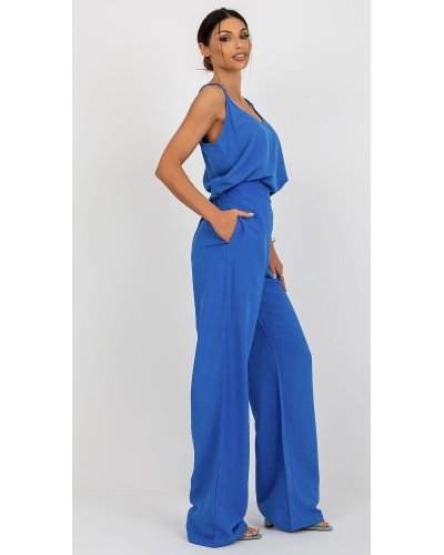 Pantaloni dama, Pantaloni dama eleganti evazati, albastri, din bumbac si vascoza, cu talia inalta, Jezel - jojofashion.ro