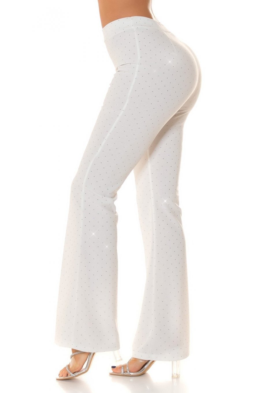 Pantaloni dama eleganti evazati, albi, cu glitter, Andie 2 - jojofashion.ro