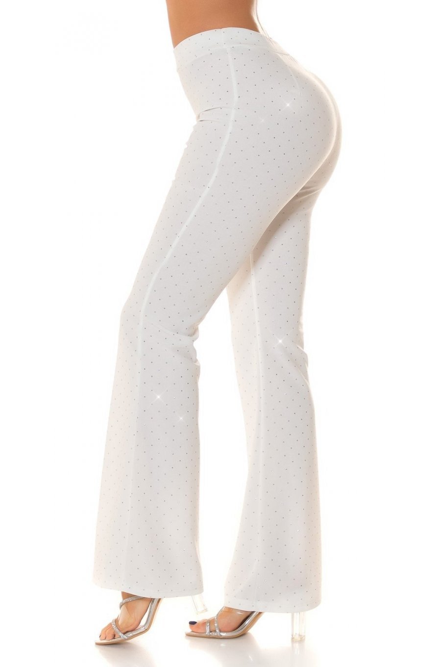 Pantaloni dama eleganti evazati, albi, cu glitter, Andie Pantaloni dama eleganti evazati, albi, cu glitter, Andie 2 - jojofashion.ro