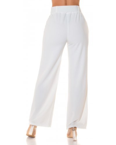 Tinute office, Pantaloni dama eleganti evazati, albi, cu talia inalta si curea lata, Raimonda - jojofashion.ro