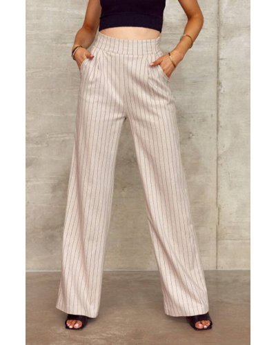 Pantaloni dama, Pantaloni dama eleganti, evazati, bej, cu dungi verticale, cu talia inalta, Akella - jojofashion.ro
