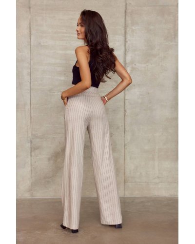 Pantaloni dama, Pantaloni dama eleganti, evazati, bej, cu dungi verticale, cu talia inalta, Akella - jojofashion.ro
