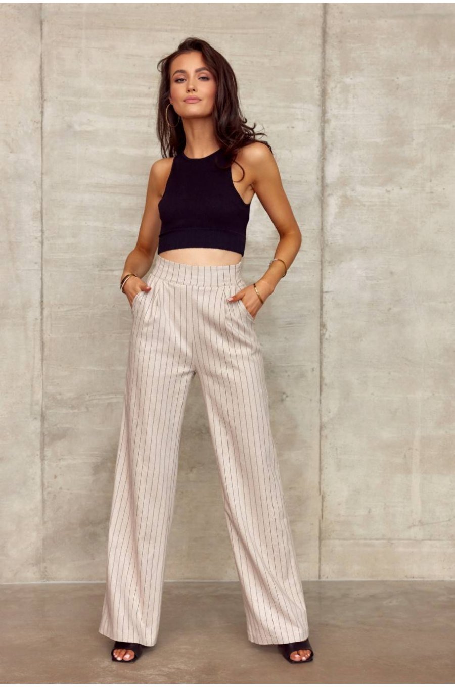 Pantaloni dama eleganti, evazati, bej, cu dungi verticale, cu talia inalta, Akella 4 - jojofashion.ro