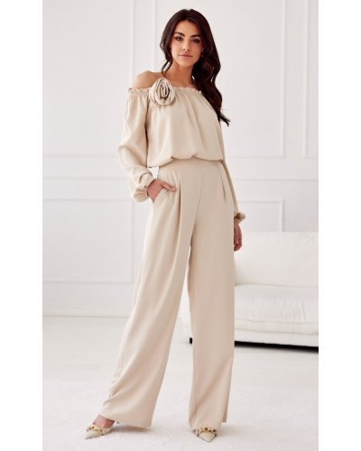 Pantaloni dama, Pantaloni dama eleganti evazati, bej, cu talia inalta, Alaya - jojofashion.ro