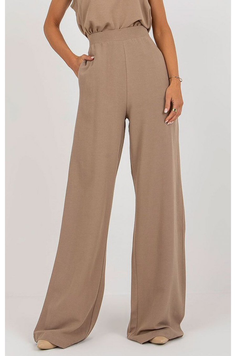 Pantaloni dama eleganti evazati, bej, din bumbac si vascoza, cu talia inalta, Jezel 1 - jojofashion.ro