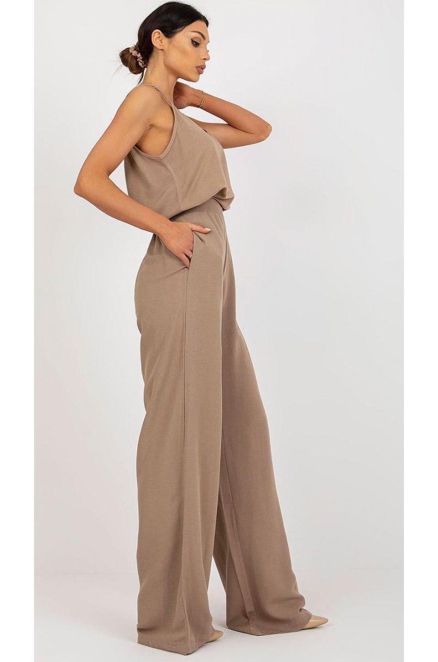 Pantaloni dama eleganti evazati, bej, din bumbac si vascoza, cu talia inalta, Jezel 2 - jojofashion.ro
