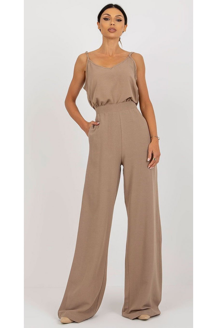 Pantaloni dama eleganti evazati, bej, din bumbac si vascoza, cu talia inalta, Jezel 4 - jojofashion.ro