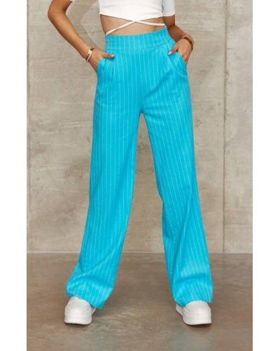 Pantaloni dama, Pantaloni dama eleganti, evazati, bleu cu dungi albe, cu talia inalta, Akella - jojofashion.ro