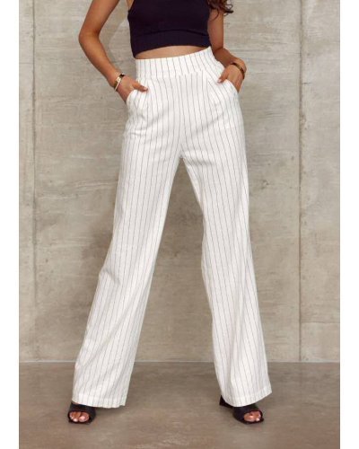 Pantaloni dama, Pantaloni dama eleganti, evazati, ecru, cu dungi verticale, cu talia inalta, Akella - jojofashion.ro
