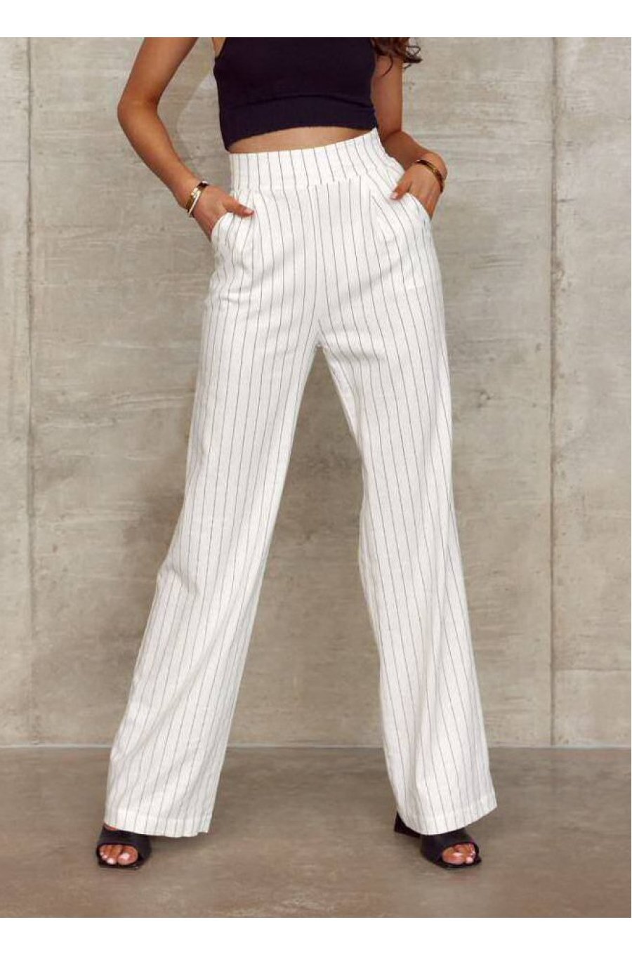 Pantaloni dama eleganti, evazati, ecru, cu dungi verticale, cu talia inalta, Akella 1 - jojofashion.ro